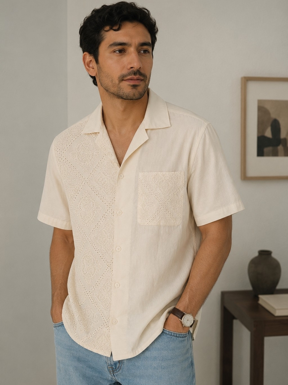Murano Cream Short-Sleeve Button-Down Shirt with Eyelet Panel